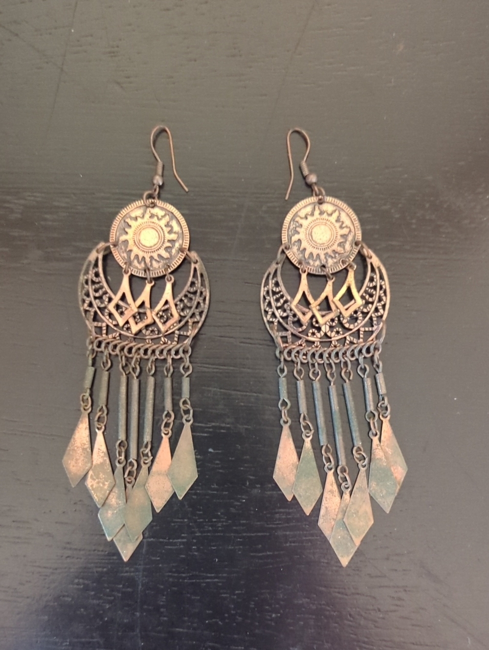 Bohemian Filigree Dangle Earrings in Aged Bronze